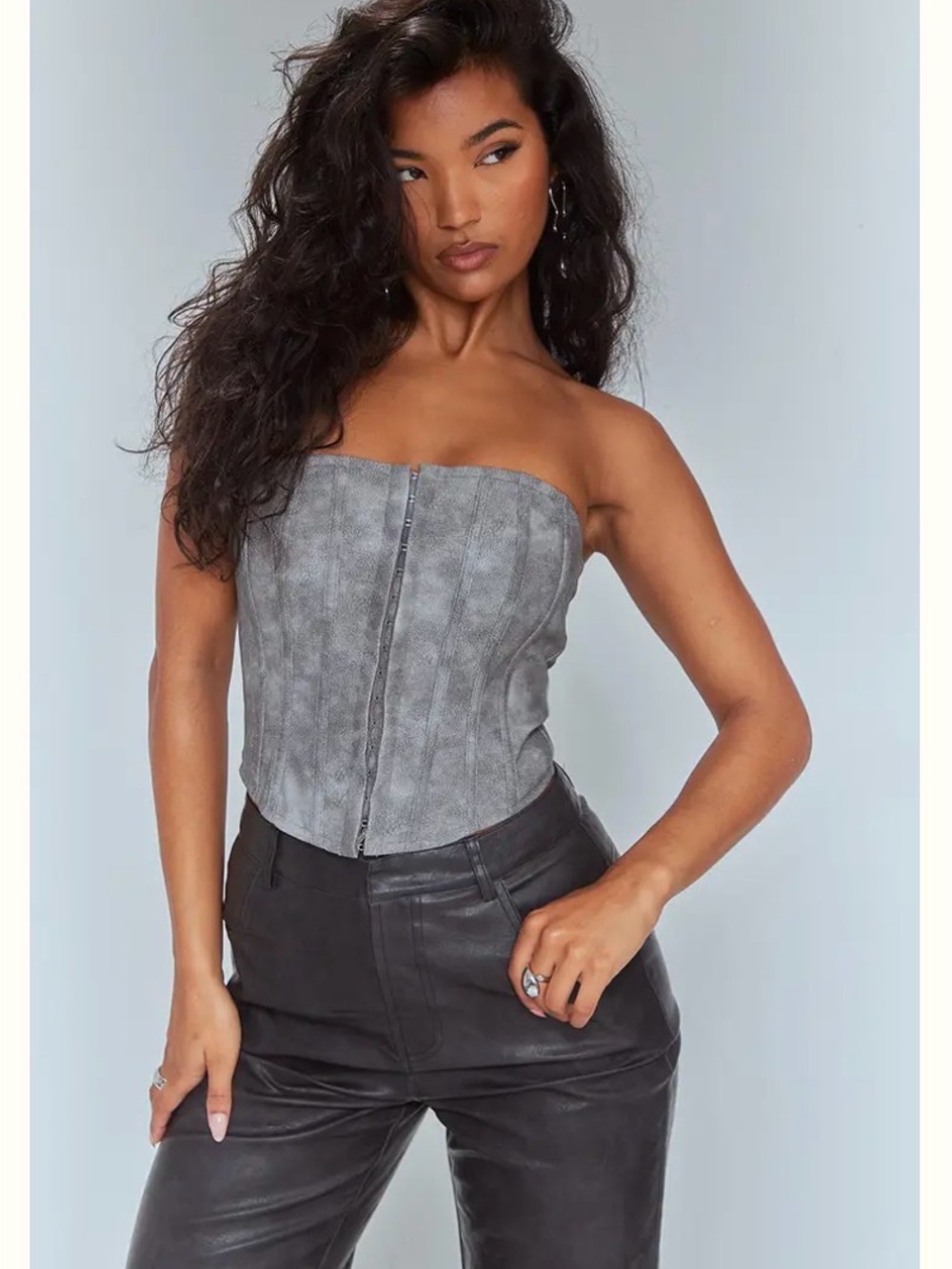 PrettyLittleThing Charcoal Ribbed Top with Logo Tag